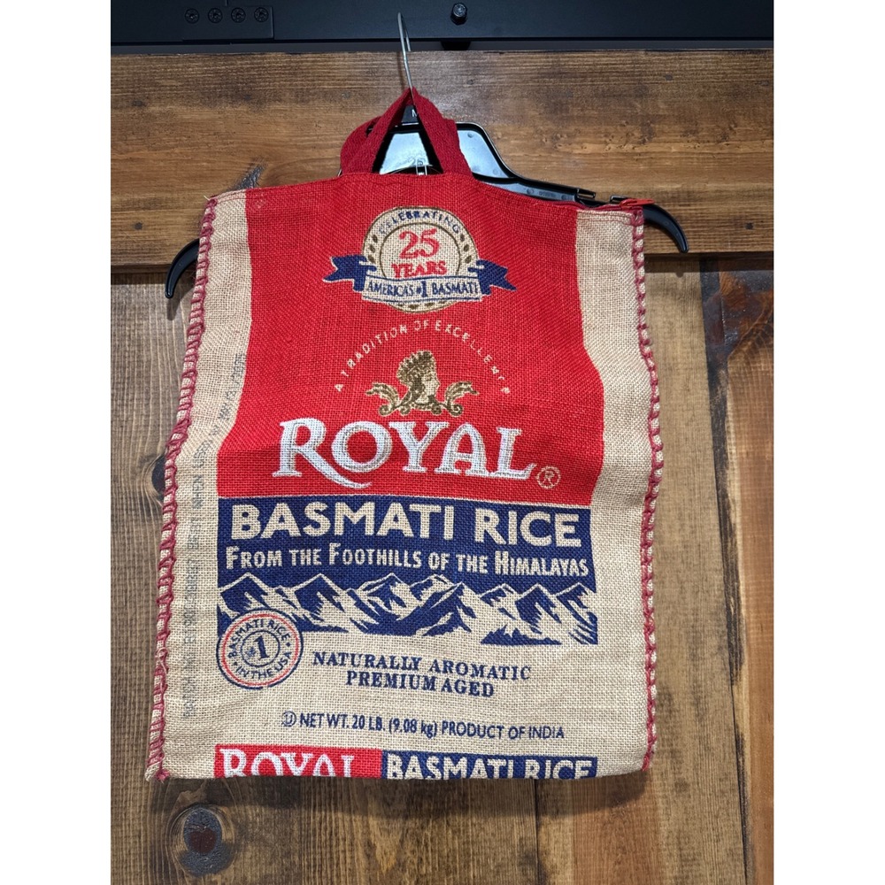 Royal Basmati Rice Burlap Tote Bag Reusable Zippered Grocery Sack 20lb Red Tan